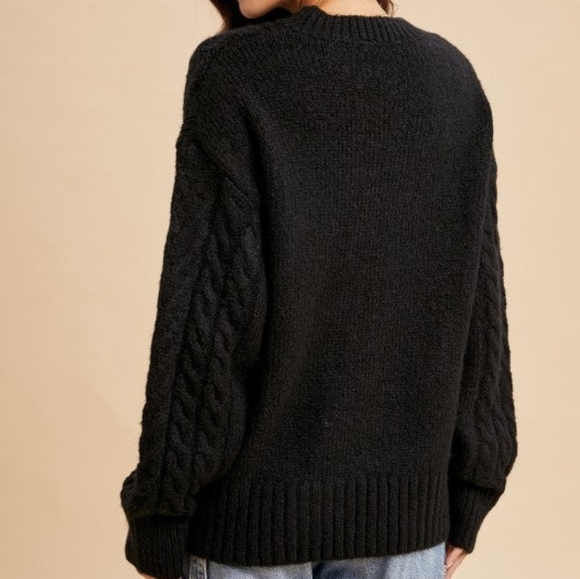 Cable Knit Pullover Black Floral Embroidered Sweater - Picture 5 of 6